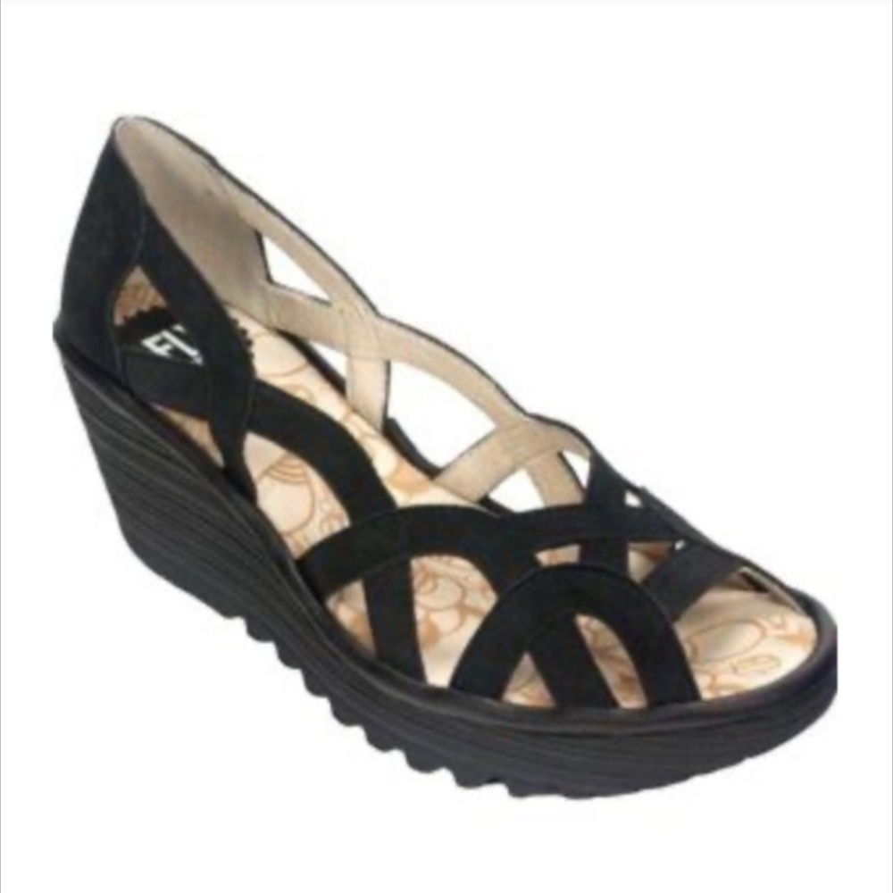 Fly London Yadi Cutout Peeptoe Suede Wedge Pump Shoes Black Boho Pinup